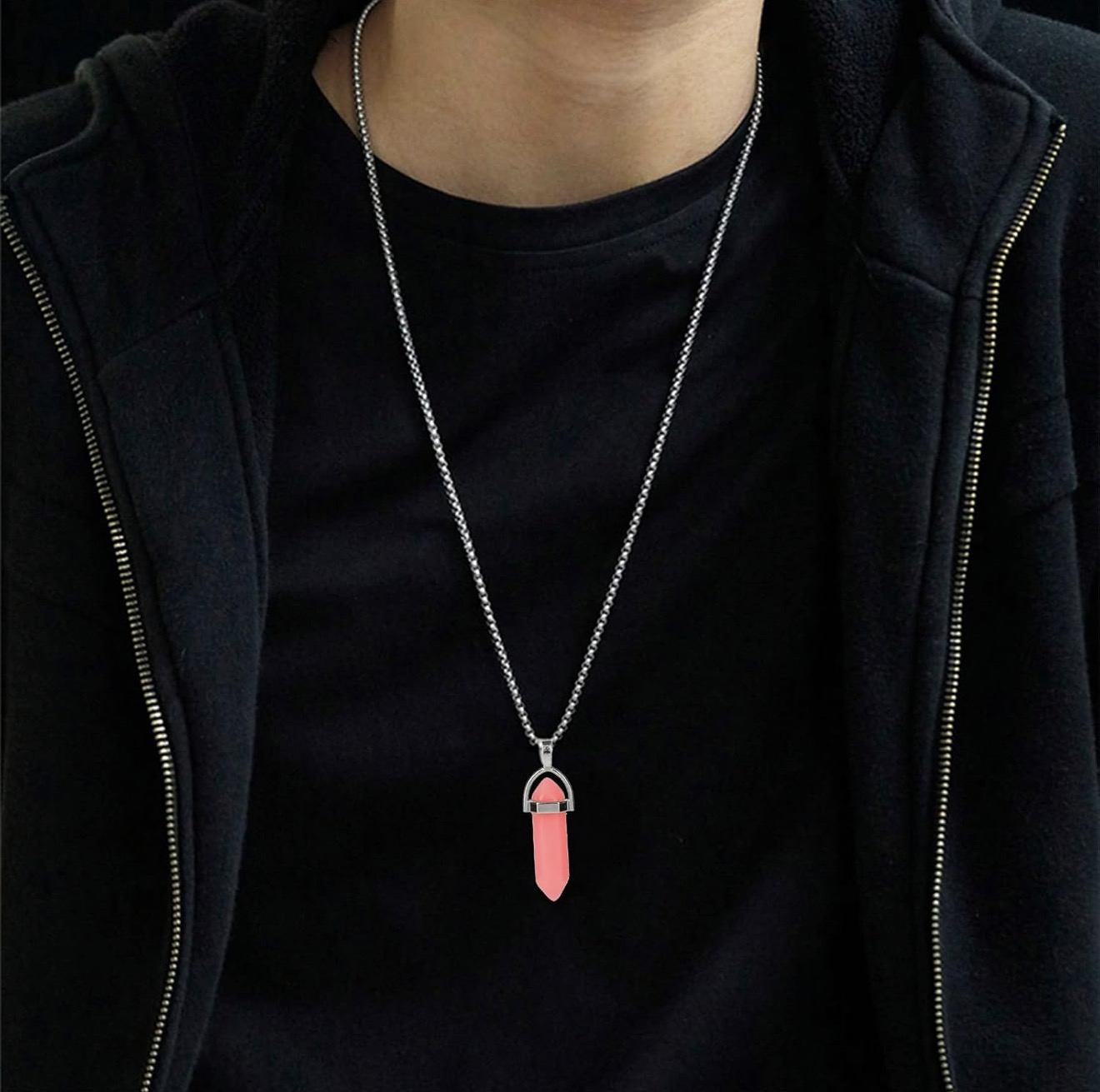 UV Activated Fluorescent Pink Calcite Hexagon Crystal Necklace - Image 3