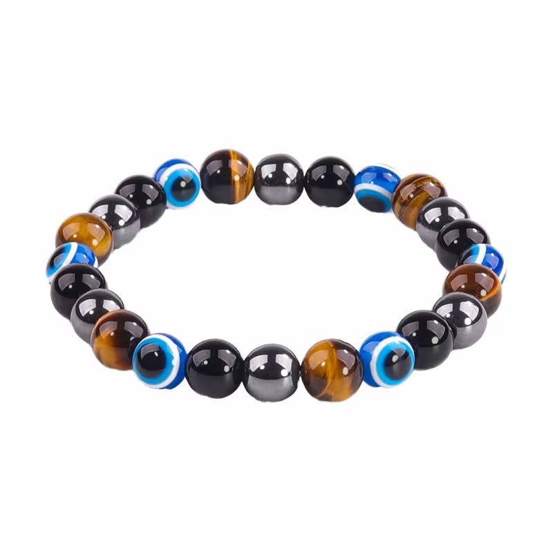 Triple Protection Evil Eye Hematite Black Obsidian Tigers Eye Stretchy Bracelet 8mm - Image 2