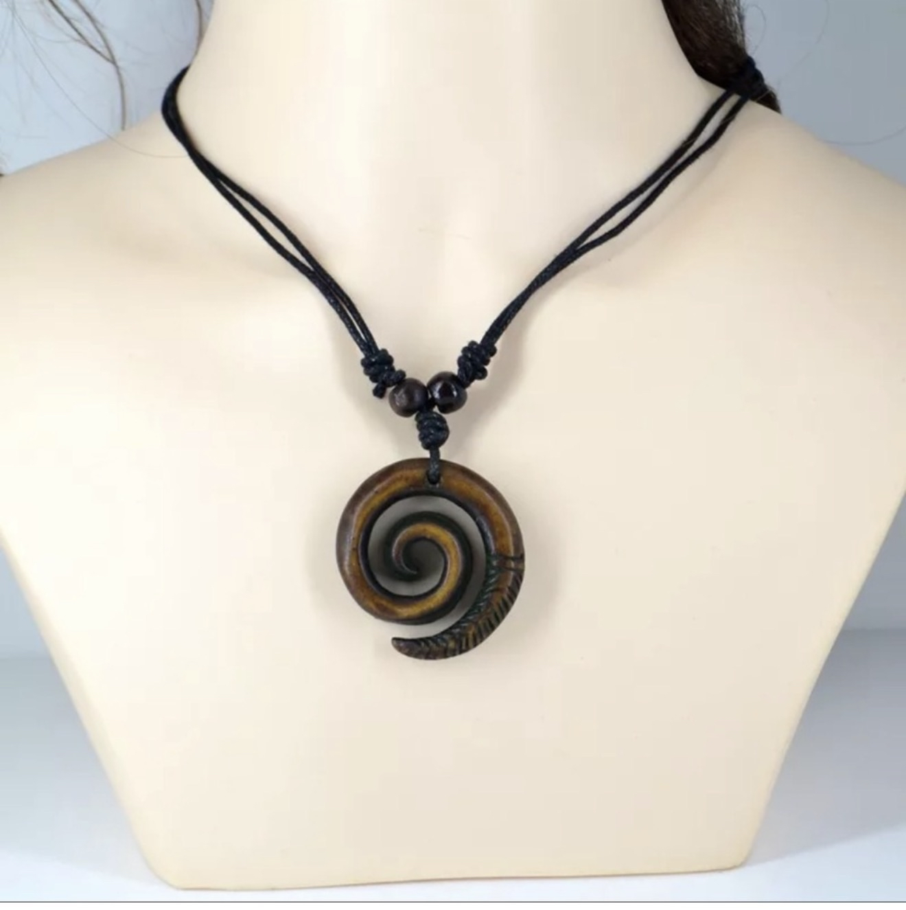 Handmade Boho Hawaiian Tribal Engraved Spiral Helix Hook Pendant Necklace - Image 4