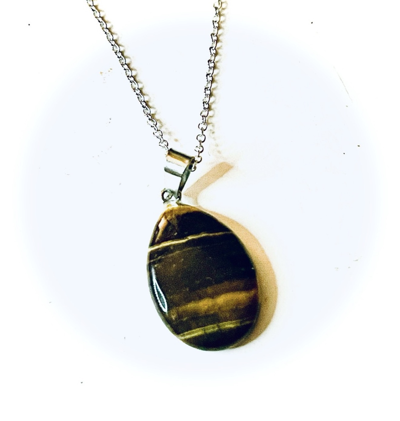 New 925 Sterling Silver Brown Black Tigers Eye Stone Water Drop Necklace