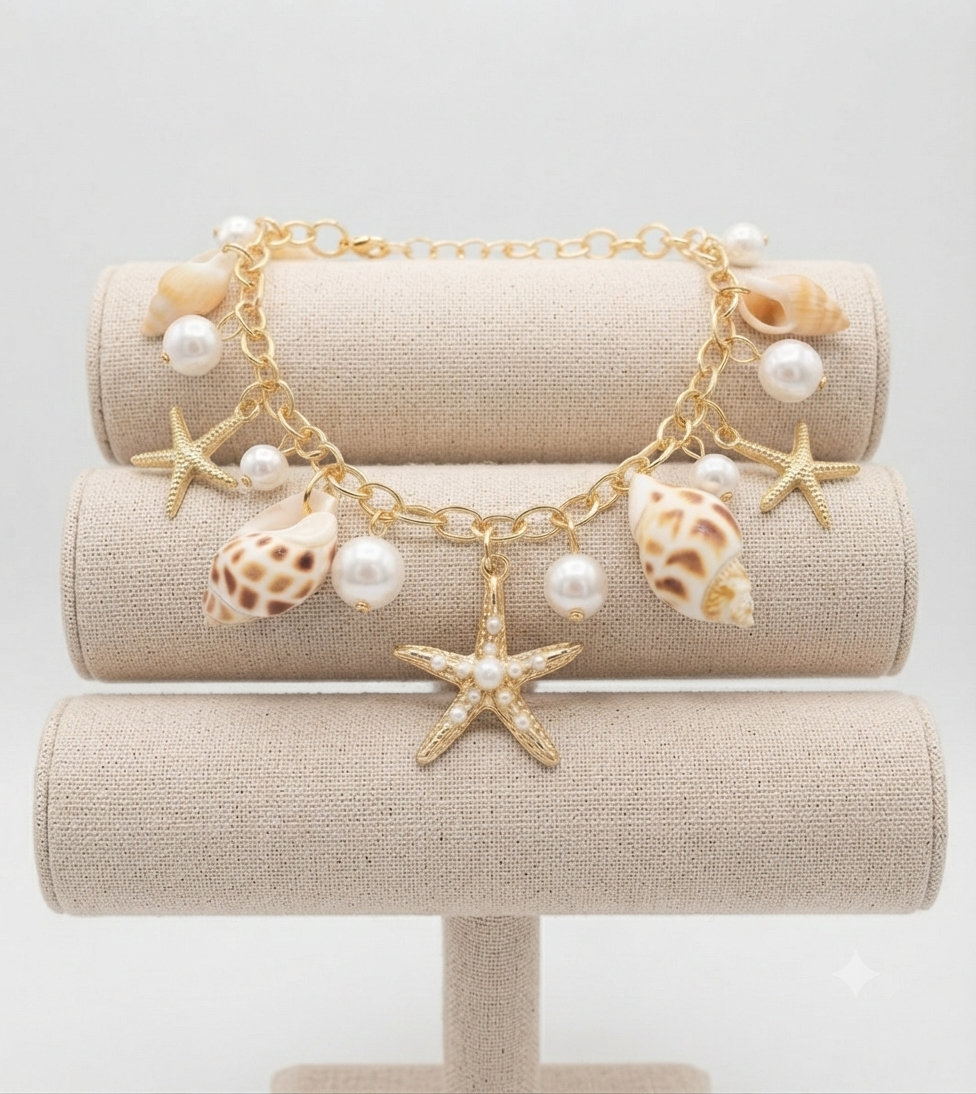 Gold-Tone Beach Charm Bracelet with Seashells, Faux Pearls, and Starfish Accents - Image 4