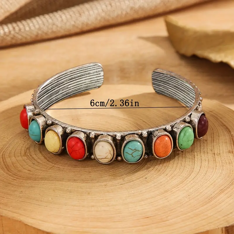 Western Multi-Color Turquoise Stone Oval Cuff Bracelet - Image 4