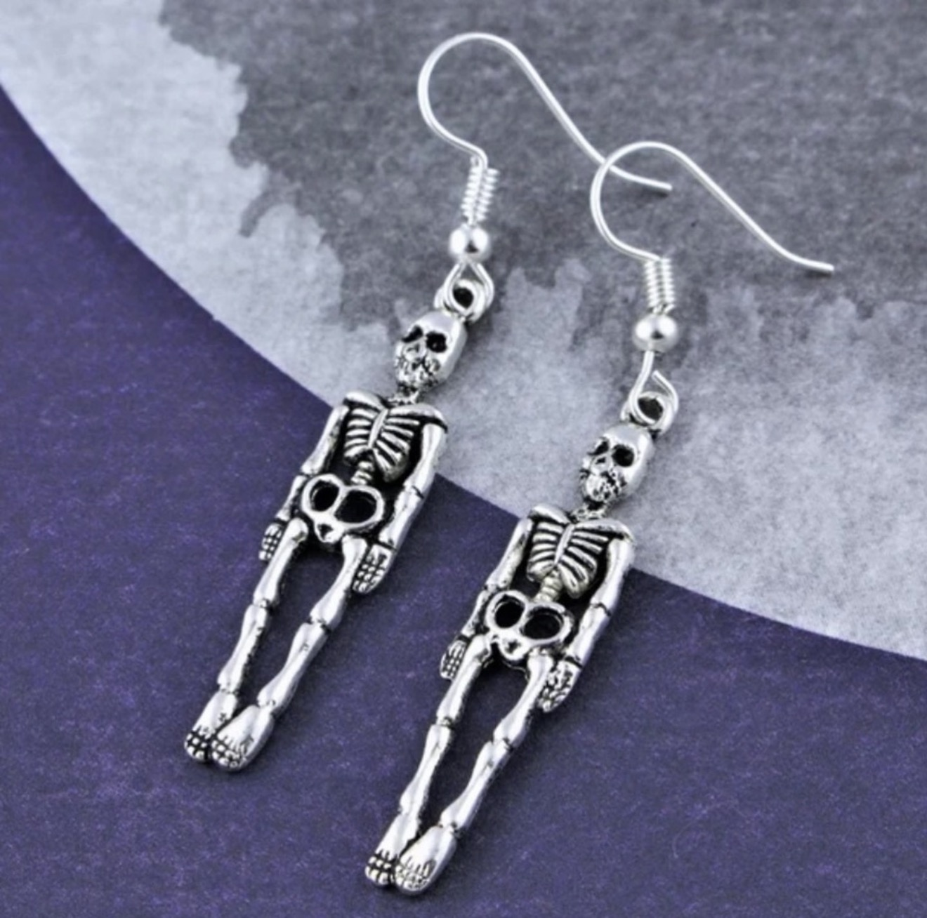 New Handmade Silver Halloween Skeleton Gothic Dangle Earrings - Image 3