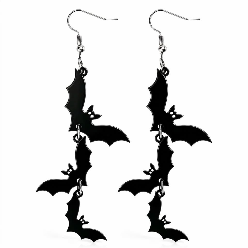 Gothic Black Bat Dangle Earrings (3.15")
