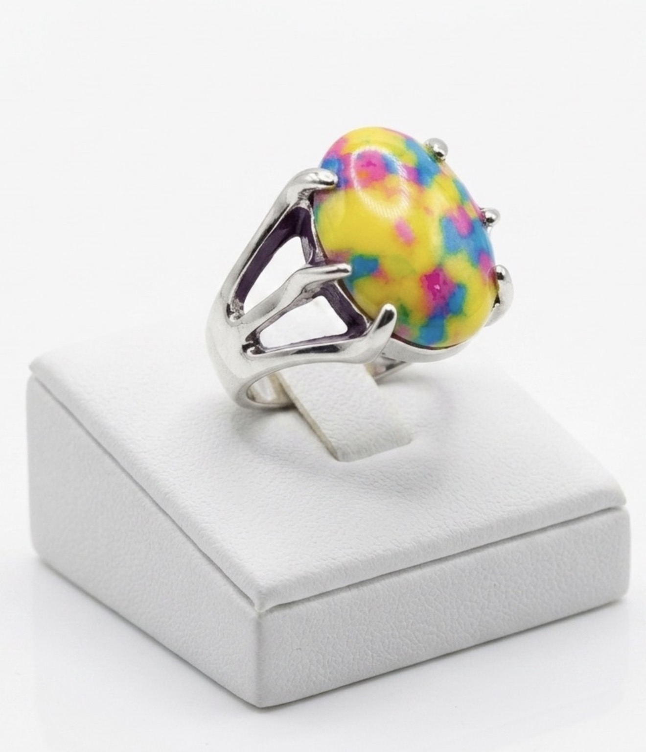 New Artisan Yellow Pink Blue Mosaic Jasper Stainless Steel Dragon Claw Ring - Size 7