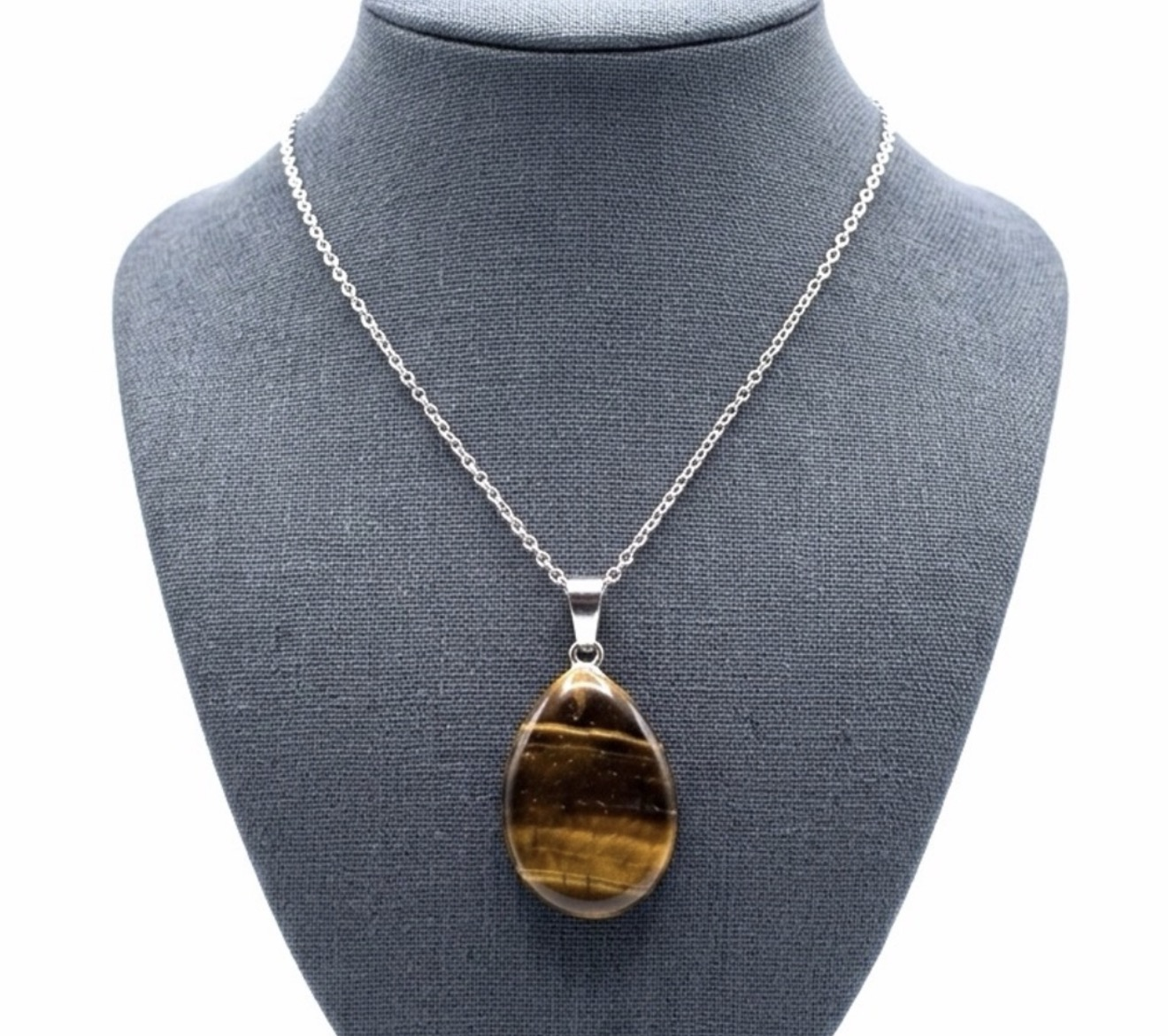 New 925 Sterling Silver Brown Black Tigers Eye Stone Water Drop Necklace - Image 2